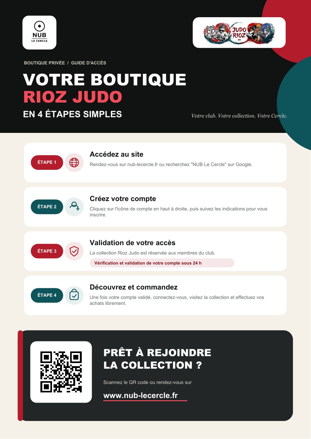 Flyer Boutique Rioz Judo x NUB Le Cercle, guide d'accès en quatre étapes
