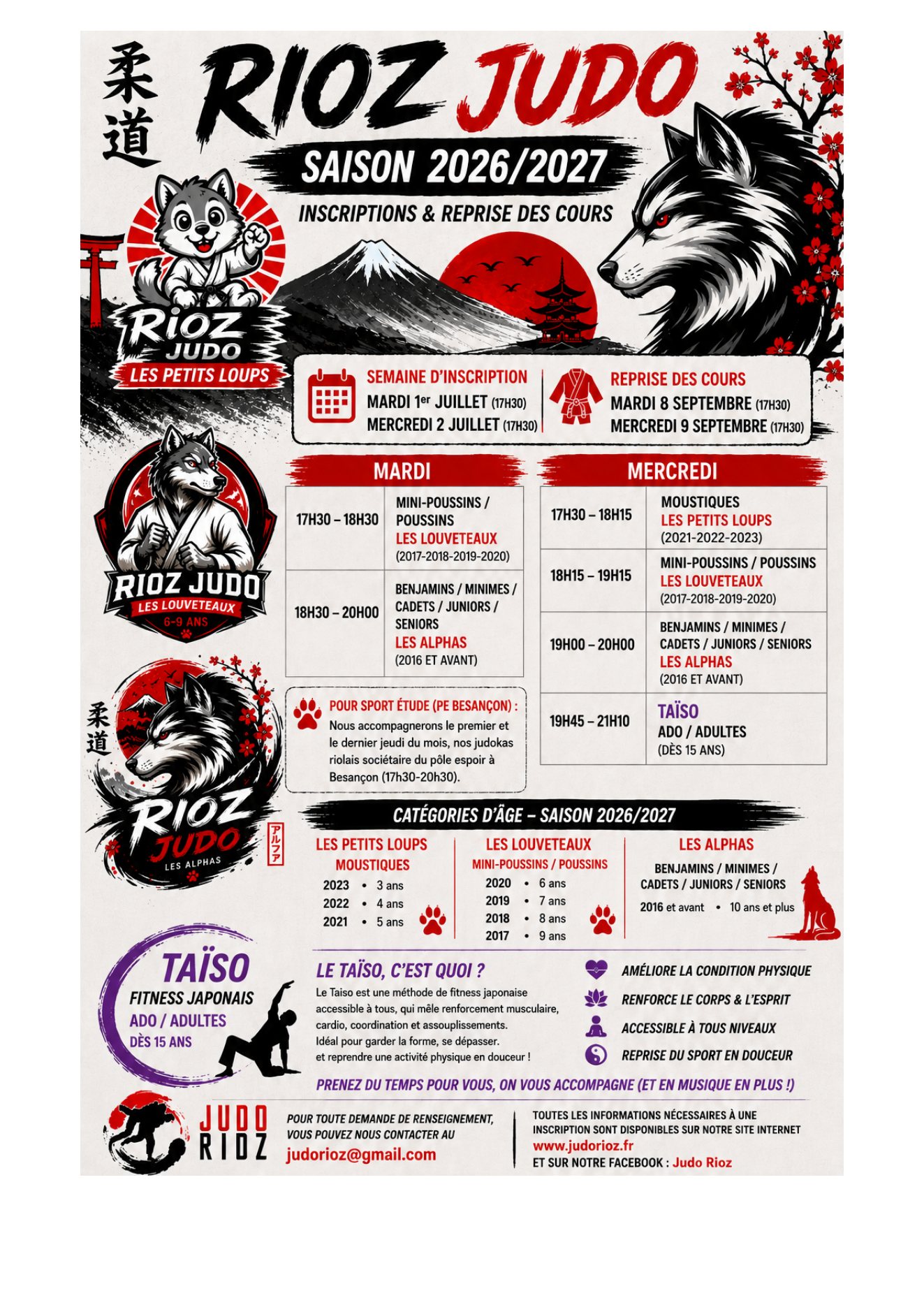 Affiche des horaires Judo Rioz saison 2026 2027